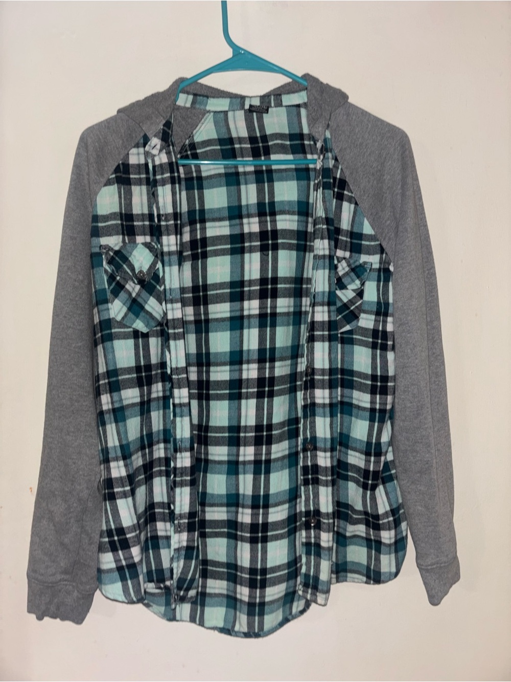 Empyre Plaid Button-Down Shirt Jacket in Teal and Gray